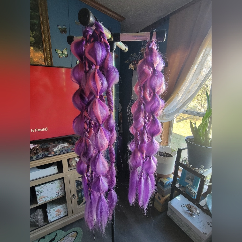 Full Vibrant Purple And Pink Rave Bubble Ponytail Braids Set Of 2 - Picture 7 of 9
